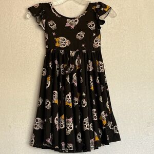 Girls 5/6 Dress‎ Black Sugar Skull Bow Ruffle Sleeve Casual Party Halloween